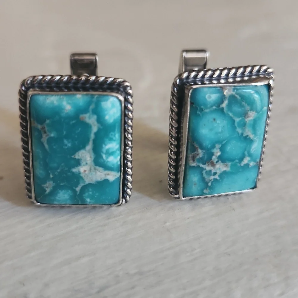 Rare NWOT Native American Handmade Whitewater Turquoise Men's Cufflinks 💙🖤🎁